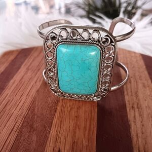 ↠ Turquoise Stone Silver Filigree Scroll Open Band Boho Western Cuff Bracelet
